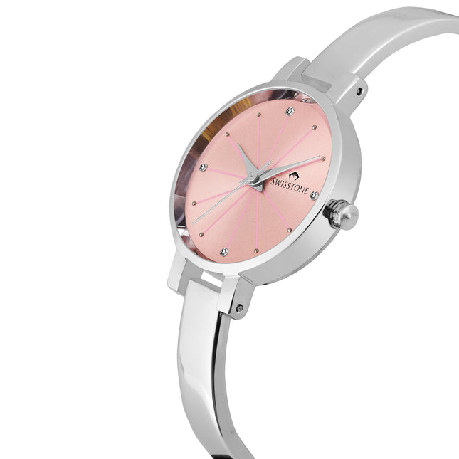 SWISSTONE Analog Stainless Steel Silver Plated Women's Watch (Pink Dial Silver Colored Strap)