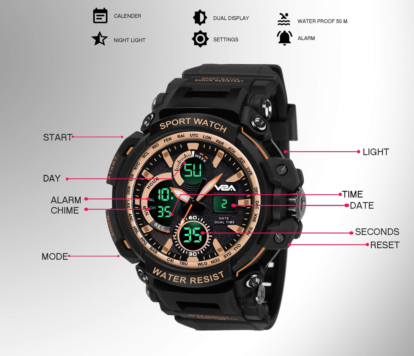 V2A Outdoor Sport Shockproof Led Analogue And Digital Waterproof Chronograph Watch For Men ( Multicolor )