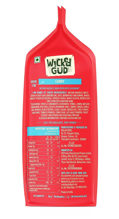 WickedGud Curry Nourishing Instant Noodles (201gm x 2) | Healthy Noodles | No Maida | No Oil | No MSG | High Protein | High Fibre | Cholesterol Free