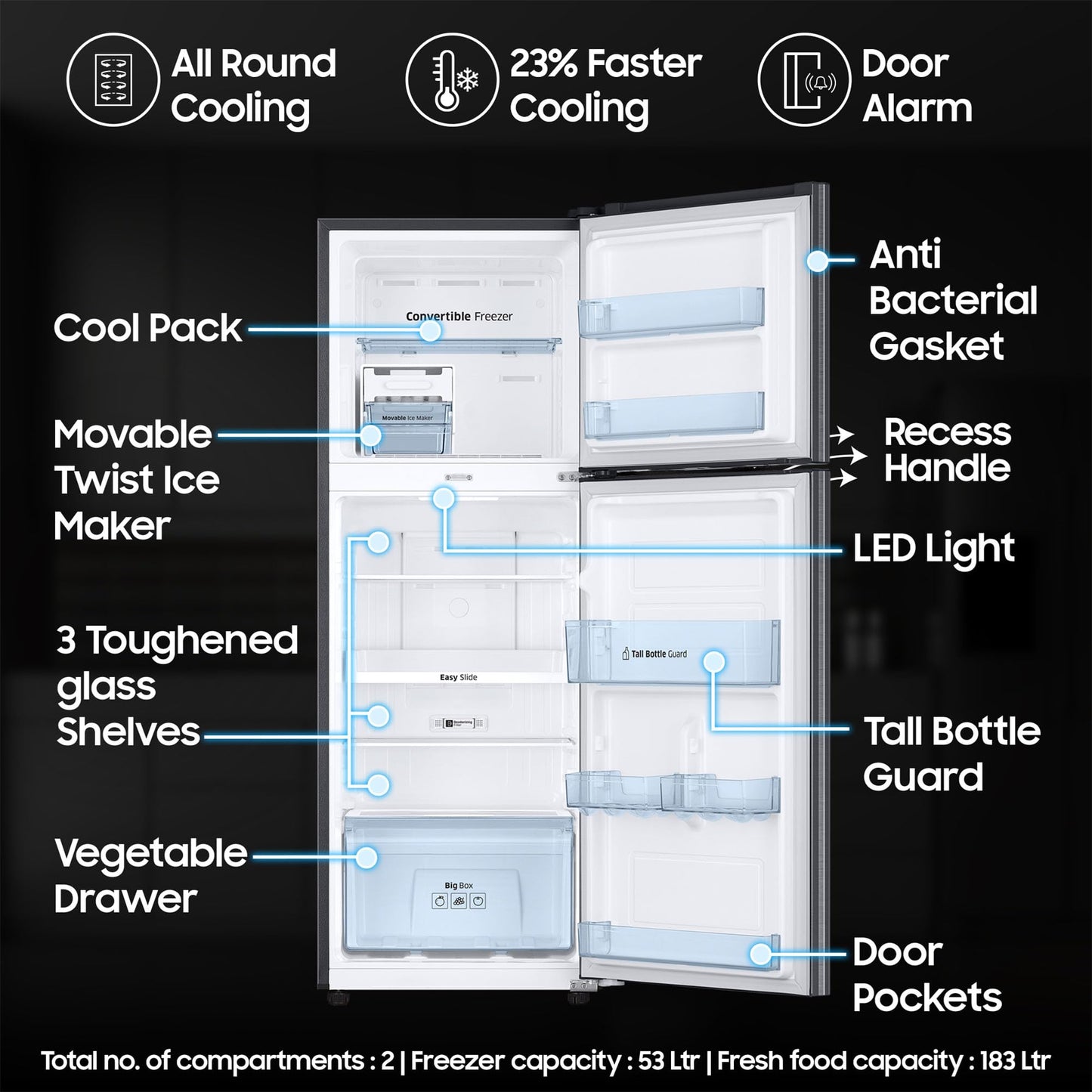 Samsung 236 L, 3 Star, Convertible, Digital Inverter with Display Frost Free Double Door Refrigerator (RT28C3733S8/HL, Silver, Elegant Inox, 2024 Model)