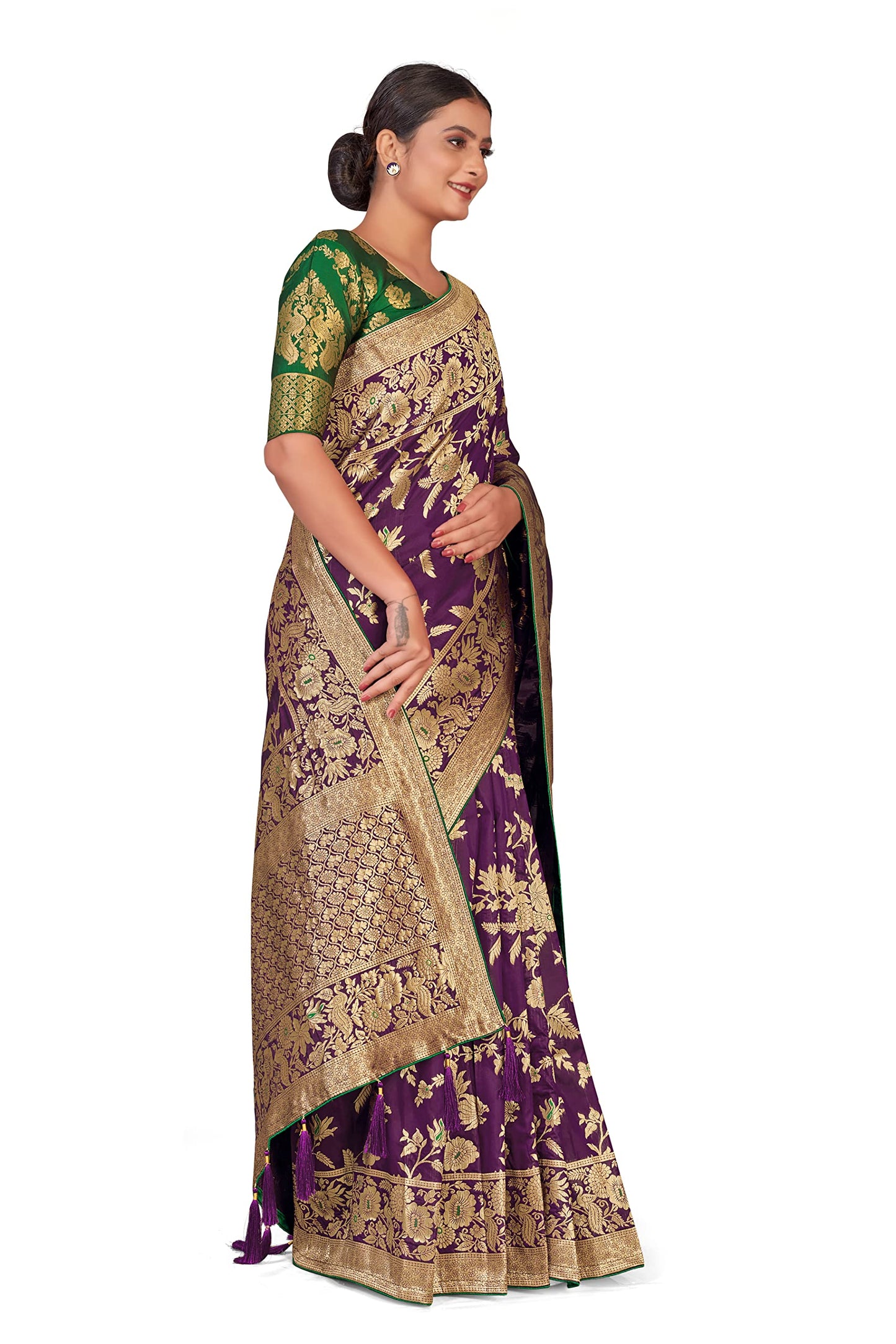 Monjolika Fashion Women's Banarasi Silk Blend Woven Zari With Tussles Saree and Jacquard Woven Blouse Piece (37765 color)