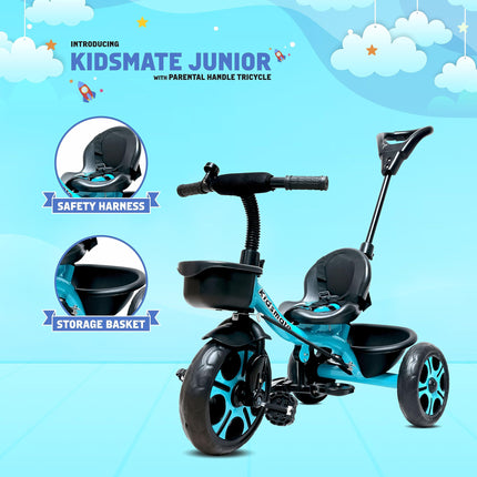 Kidsmate Junior Tricycle for Kids with Parental Control | Cycle for Kids 1-4 Years | Baby Cycle | Bicycle for Kids with Storage Basket, Cushion Seat and Seat Belt Carrying Capacity 30 Kgs (Blue) 