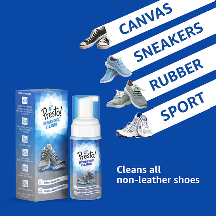 Amazon Brand - Presto! Sports Shoe Cleaner With Brush | 300 ml | 150 ml x 2 Packs | Cleans All Non-Leather Shoes | Sneakers, Rubber Shoe, Canvas Shoe Cleaner | Foam Spray | Removes Tough Stains