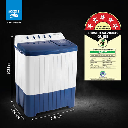 Voltas Beko, A Tata Product 8.5 Kg 5 Star Semi-Automatic Top Loading Washing Machine (2024 Model, WTT85UHA/OK5I0I0W01, Blue, Air Dry & Pulsator wash technology) 