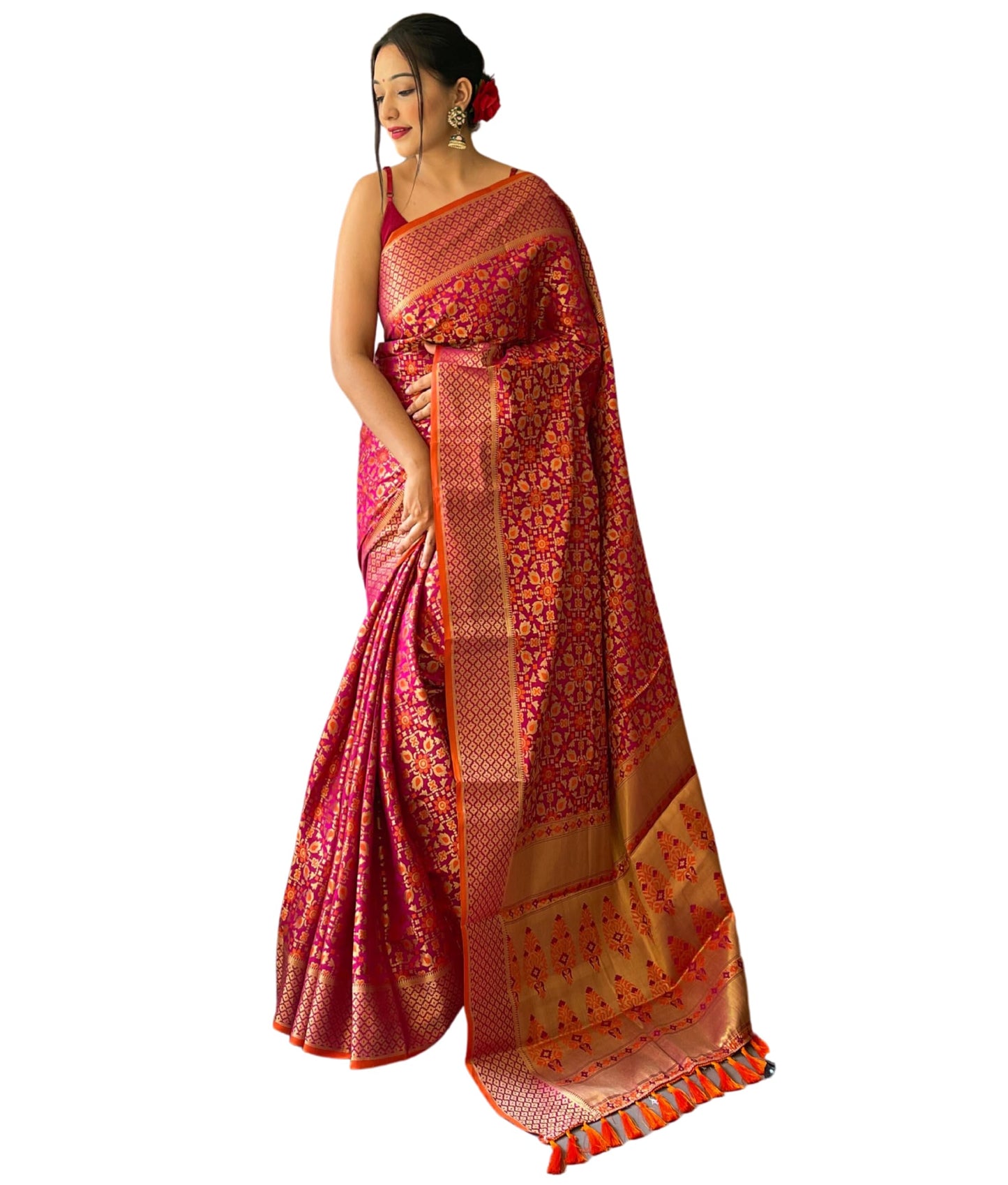 SGF11 Women's Kanjivaram patola Soft Lichi Silk Sarees With Unstitched Blouse Piece