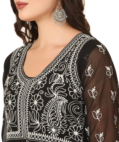 EthnicJunction Women's Lucknowi Chikankari Embroidered Thread Work Georgette Anarkali Kurta