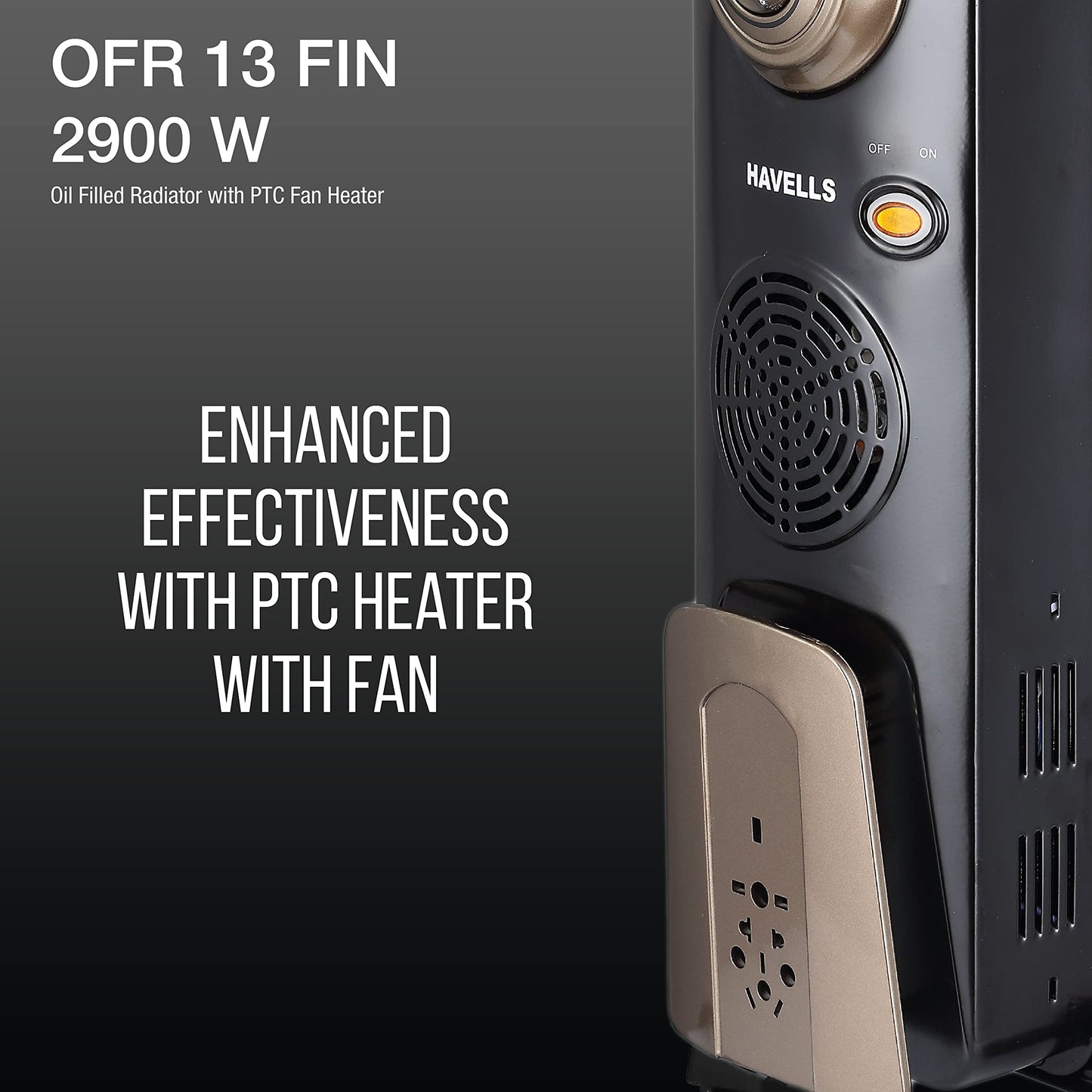 Havells 13 Fin Hestio Wave Fin OFR (Oil Filled Radiator)|Room Heater|2900 W|3 Heat Settings & PTC Fan Heater|Inclined Control Panel|Retractable Wheels| Comfortable Breathing|360° Heating (Black)