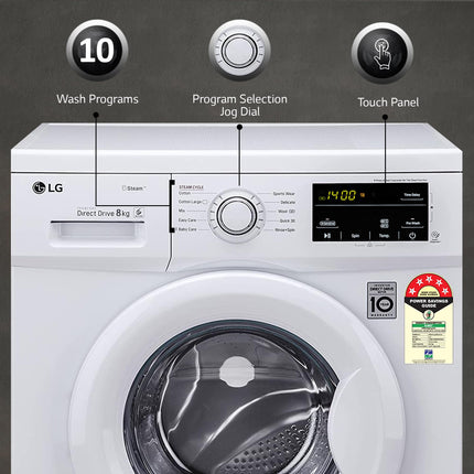 LG 8 Kg, 5 Star, Direct Drive Technology, Steam Wash, 6 motion DD, Smart Diagnosis, Fully Automatic Front Load Washing Machine (FHM1408BDW, Allergy Care, In-Built Heater, Touch Panel, White) 