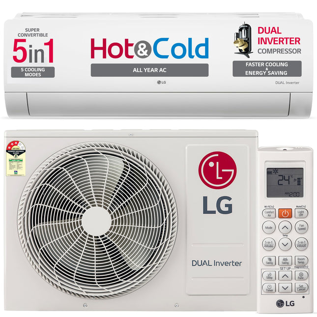 LG 1.5 Ton 3 Star Hot & Cold DUAL Inverter Split AC (Copper, Super Convertible 5-in-1 Cooling, 4 Way Swing & HD Filter with Anti-Virus Protection, 2024 Model, TS-H19VNXE, White) 