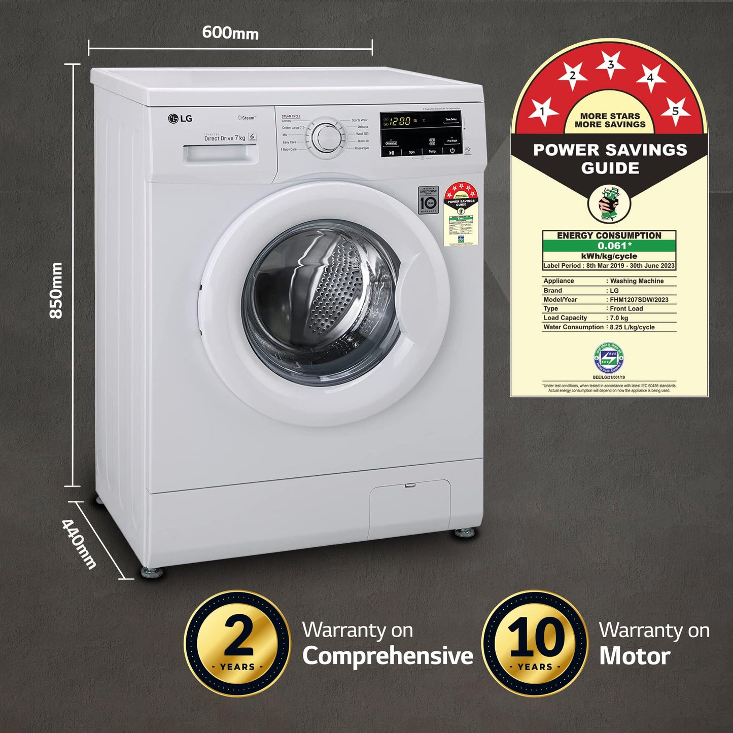 LG 6.5 Kg, 5 Star, Direct Drive Technology, Steam Wash, 6 motion DD, Smart Diagnosis, Fully Automatic Front Load Washing Machine (FHM1065SDW, Allergy Care, In-Built Heater, Touch Panel, White)