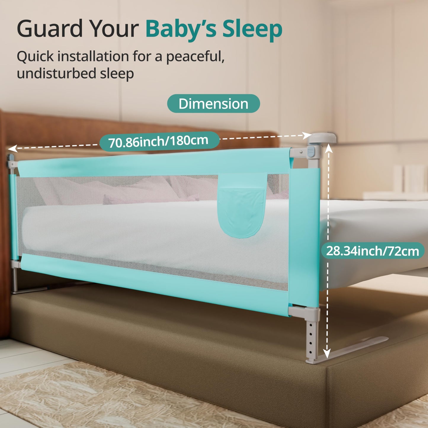 LuvLap Comfy Baby Bed Rail Guard for Baby & Toddler Safety, 180cm x 72cm, Bed rails for baby safety, Foldable & Portable, Adjustable Height, Single bed side rails for baby, Pack of 1 (Green)