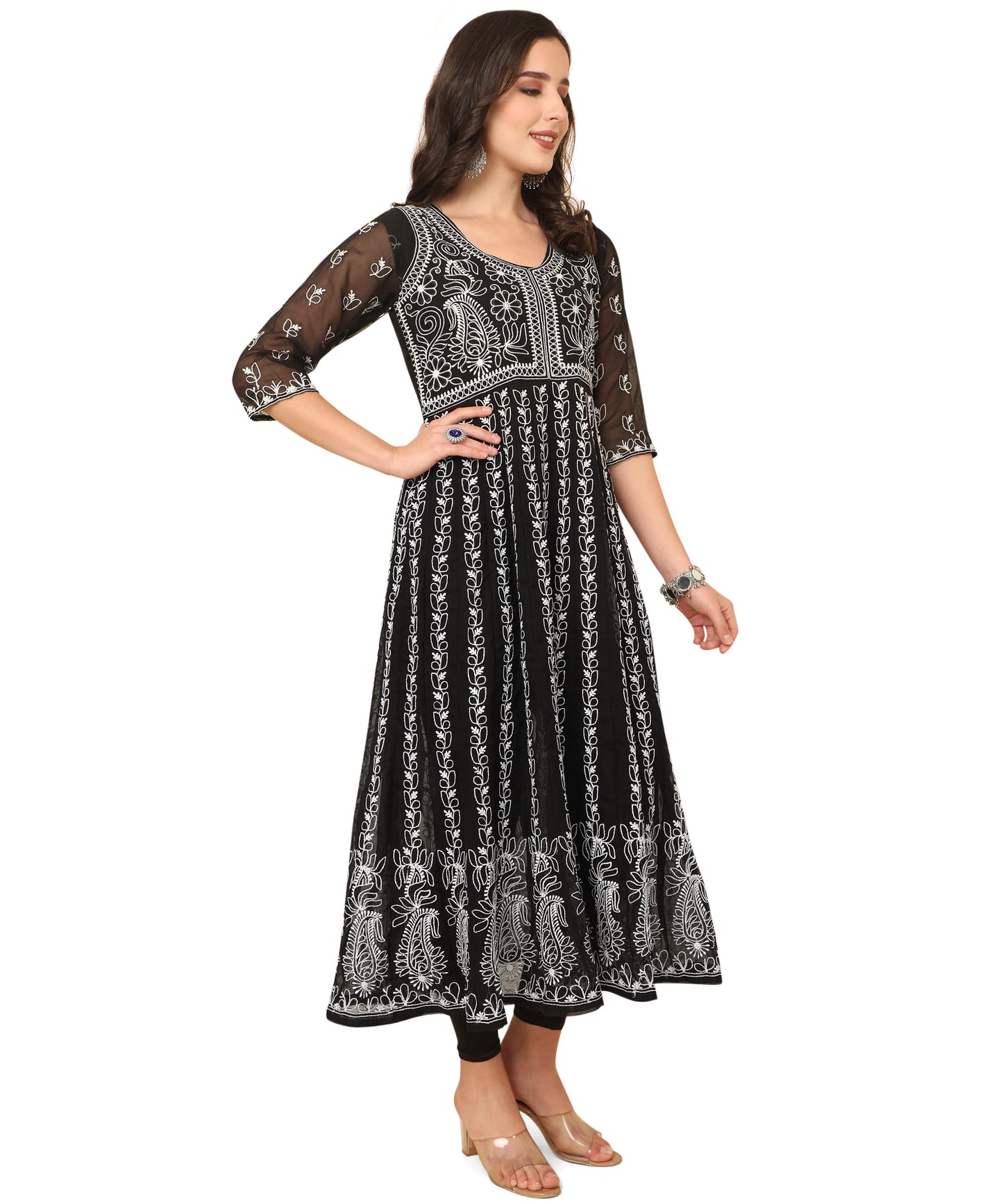 EthnicJunction Women's Lucknowi Chikankari Embroidered Thread Work Georgette Anarkali Kurta