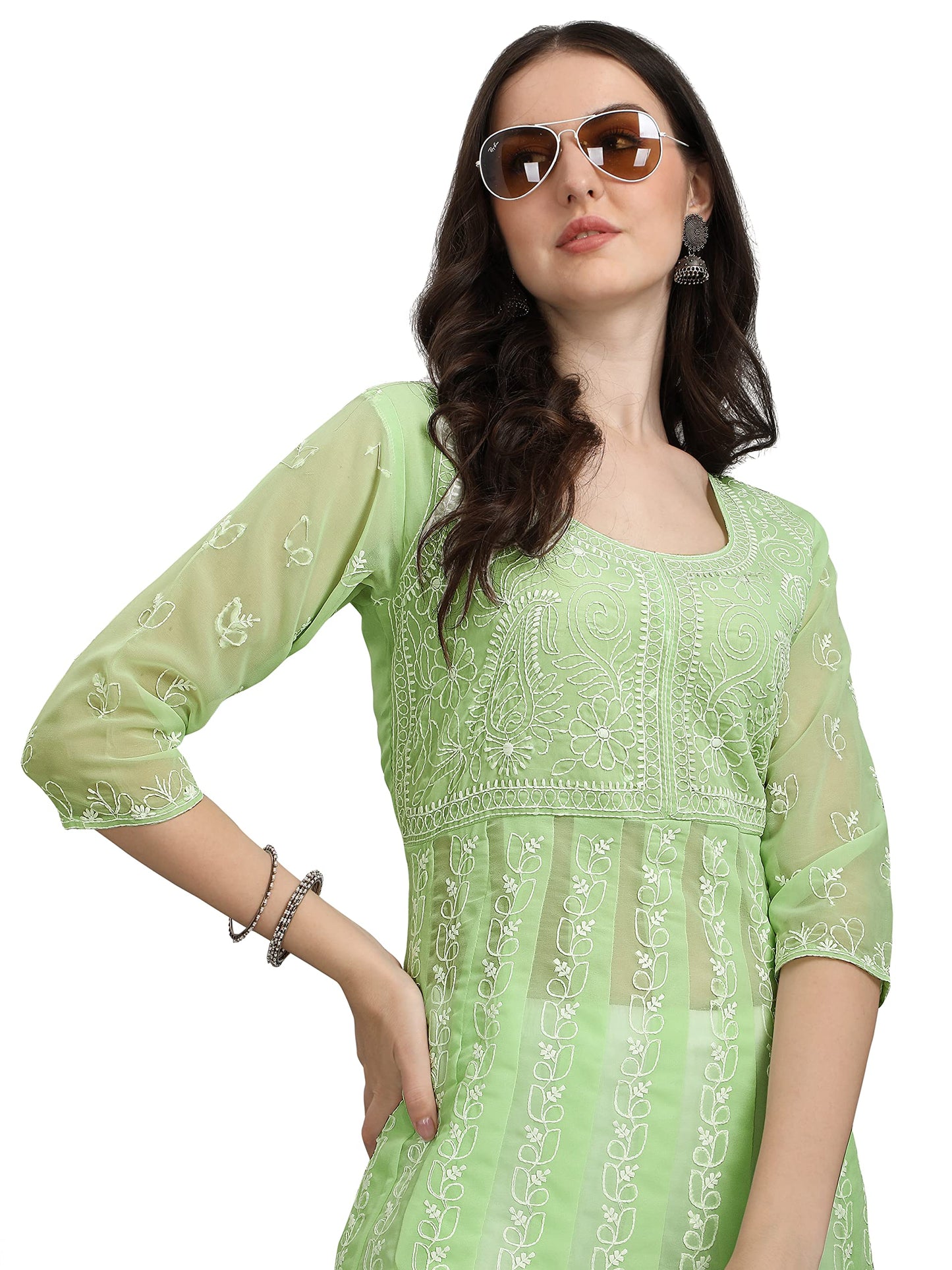 EthnicJunction Women's Lucknowi Chikankari Embroidered Thread Work Georgette Anarkali Kurta