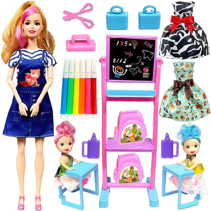 SUPER TOY Folding Hands Teacher Doll Toy with 2 Baby Doll Play Set for Kids Girls