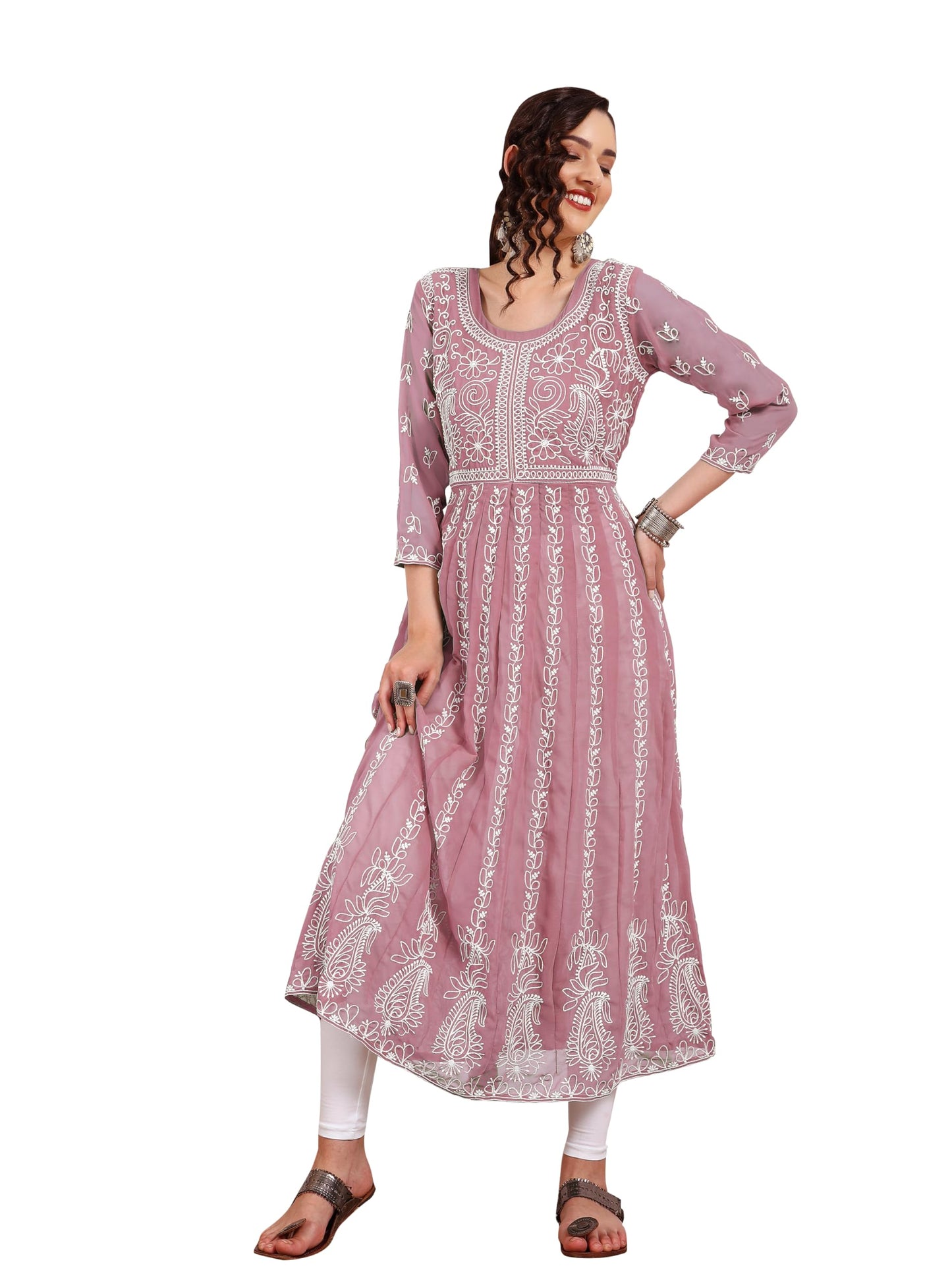 EthnicJunction Women's Lucknowi Chikankari Embroidered Thread Work Georgette Anarkali Kurta