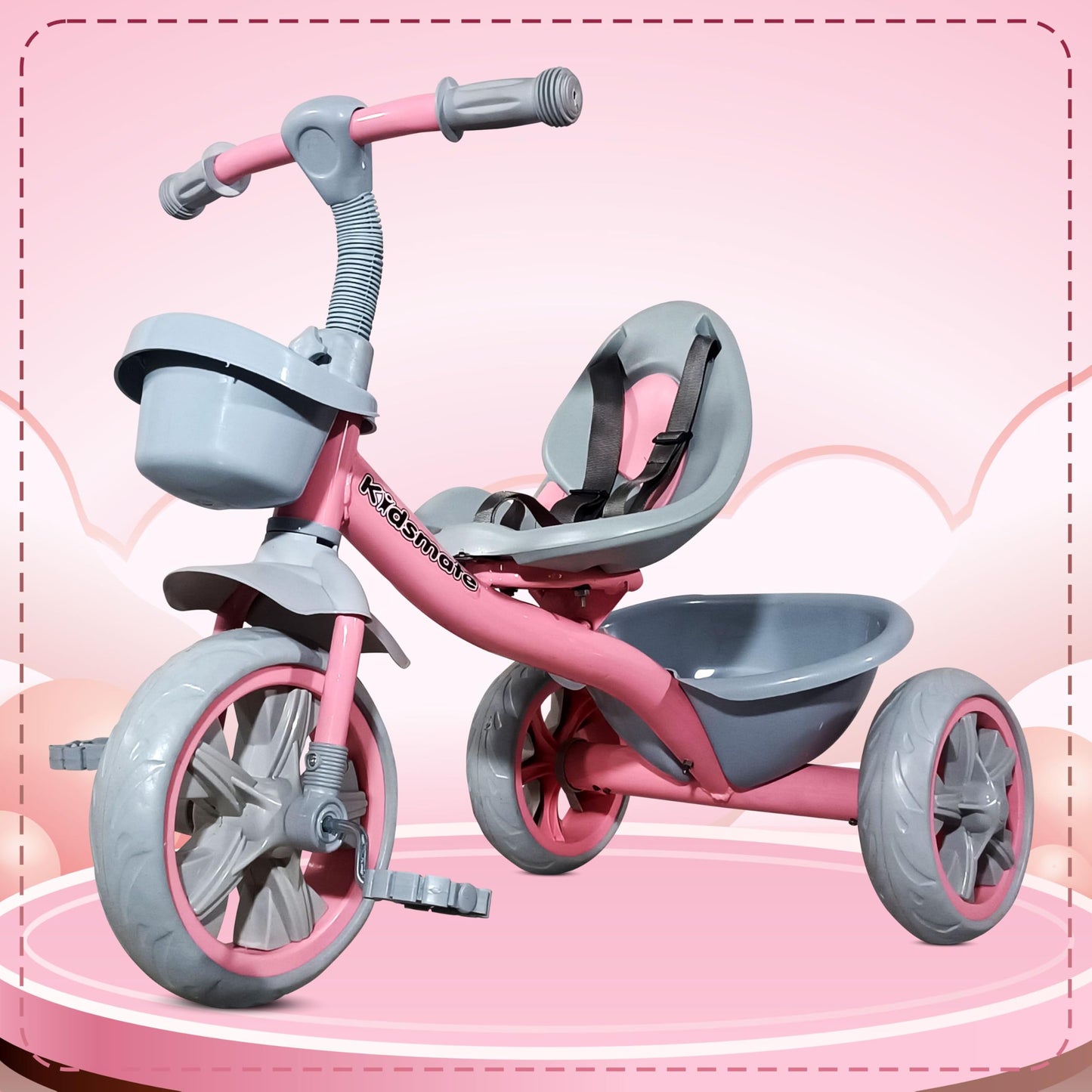 Kidsmate Junior Tricycle for Kids with Parental Control | Cycle for Kids 1-4 Years | Baby Cycle | Bicycle for Kids with Storage Basket, Cushion Seat and Seat Belt Carrying Capacity 30 Kgs (Pink)