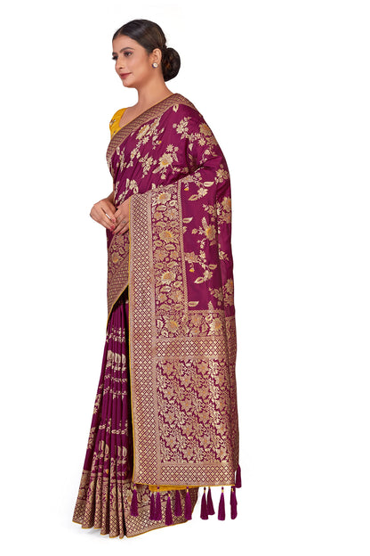 Monjolika Fashion Women's Banarasi Silk Blend Zari Woven Work With Tussles Saree and Embroidered Work Blouse Piece(37769 color)