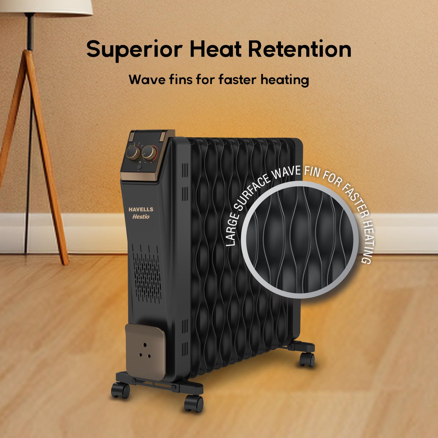 Havells Hestio 15 Straight Fin OFR (Oil Filled Radiator)|Room Heater|2900 W|3 Heat Settings & PTC Fan Heater|Inclined Control Panel|Retractable Wheels| Comfortable Breathing|360° Heating (Black)