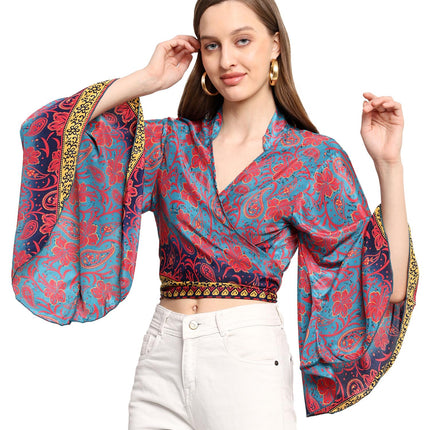 KE Kanha exportsWomen’s and Girls/Ladies Wrap Around Tops Beach wear Tunic Top V Neck Silk Casual Sleeve Printed Top Relaxed Fit Free Size