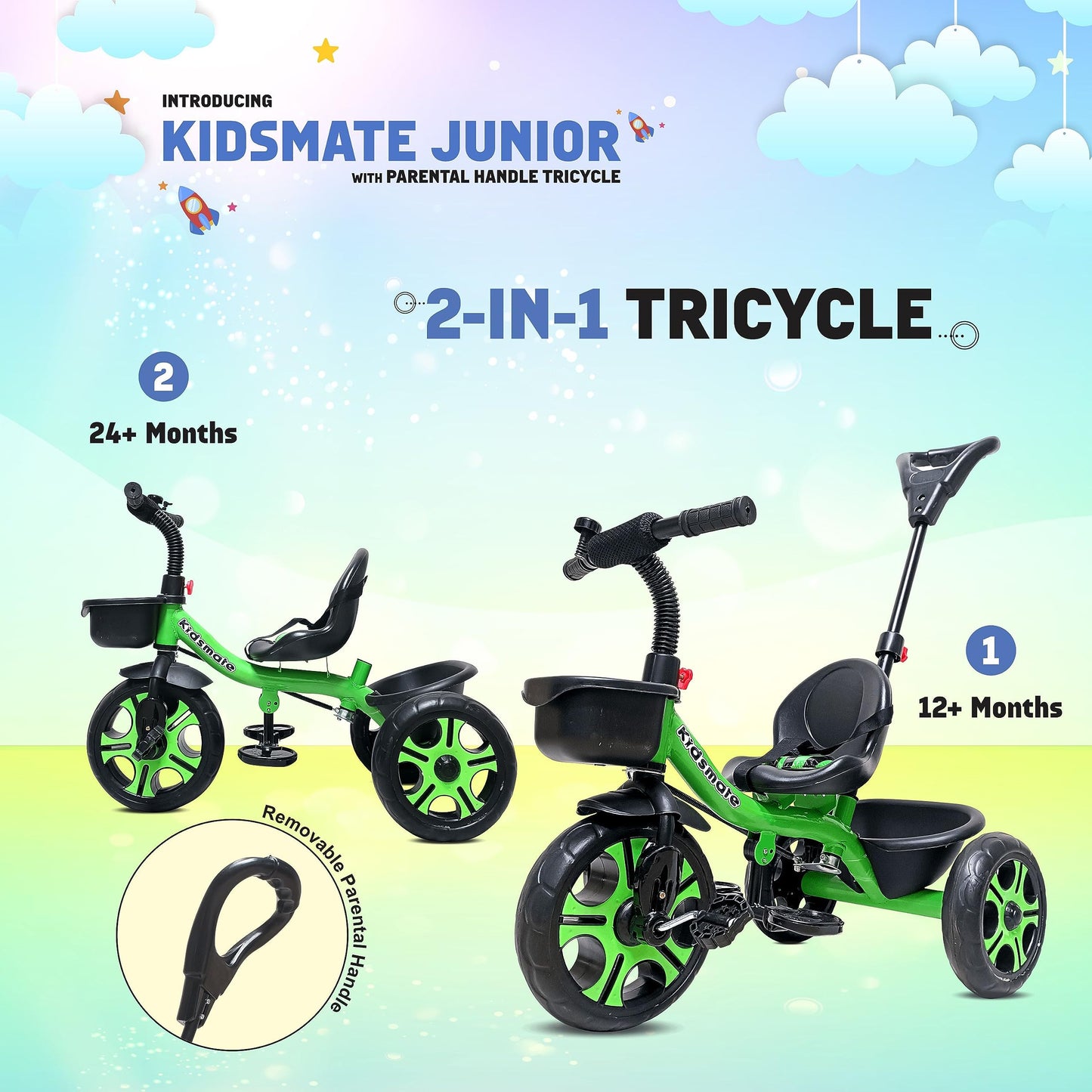 Kidsmate Junior Tricycle for Kids with Parental Control | Cycle for Kids 1-4 Years | Baby Cycle | Bicycle for Kids with Storage Basket, Cushion Seat and Seat Belt Carrying Capacity 30 Kgs (Pink)