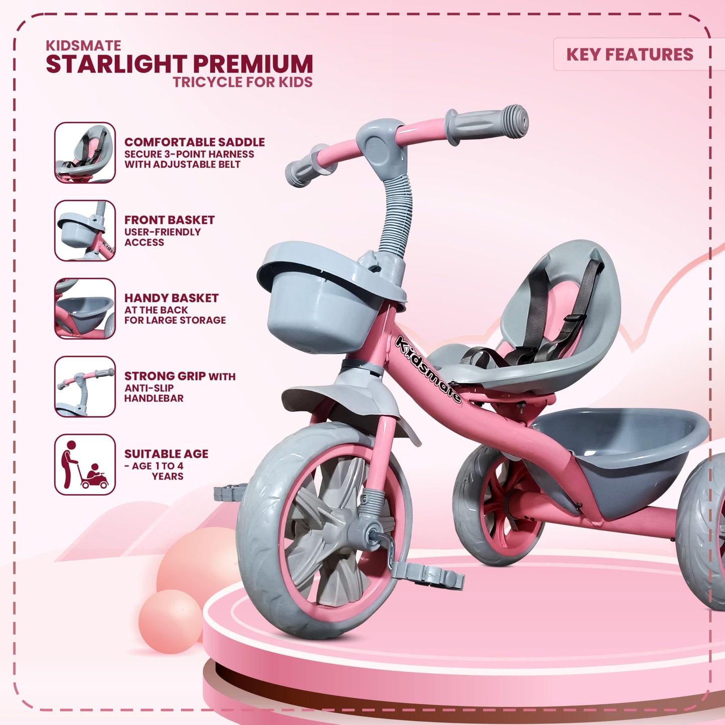 Kidsmate Junior Tricycle for Kids with Parental Control | Cycle for Kids 1-4 Years | Baby Cycle | Bicycle for Kids with Storage Basket, Cushion Seat and Seat Belt Carrying Capacity 30 Kgs (Pink)