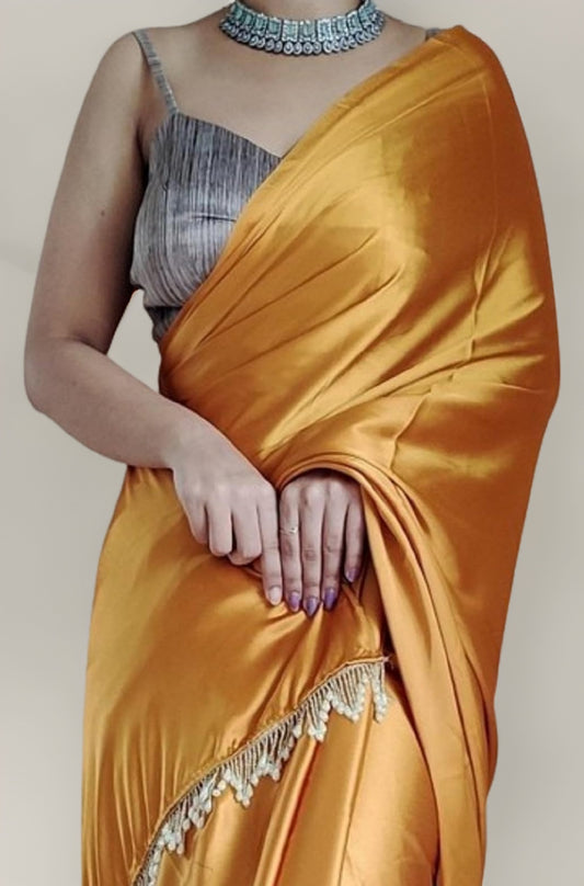 SATAZ Women's Ready to Wear Satin Silk 1 Minute Pre Pleated Yellow Haldi Heavy Saree With Hand Work Lace