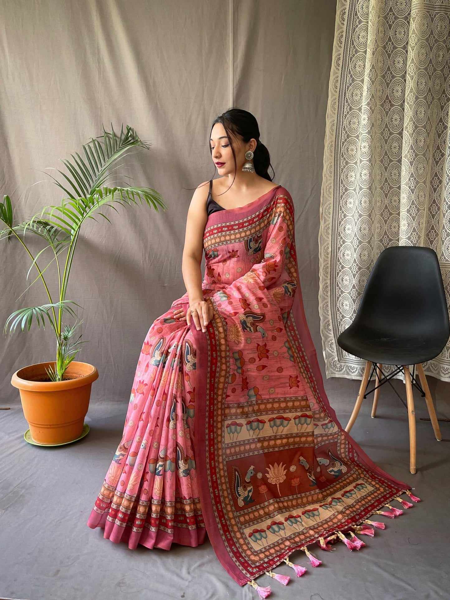 SGF11- Women's Cotton Linen Kalamkari Silk Printed Saree With Blouse Pieces