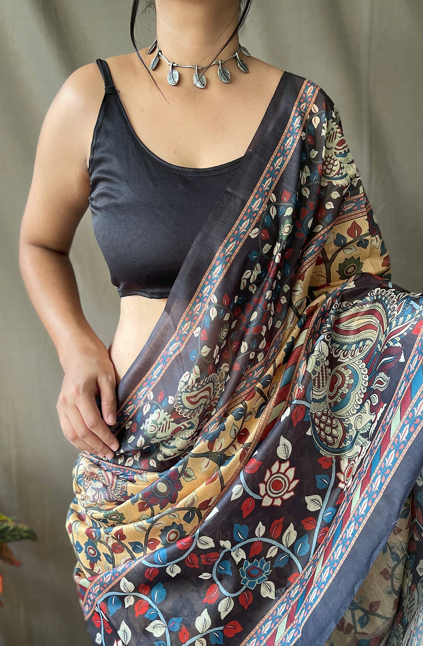 SGF11 Women's Cotton Linen Kalamkari Silk Printed Saree With Blouse Piece