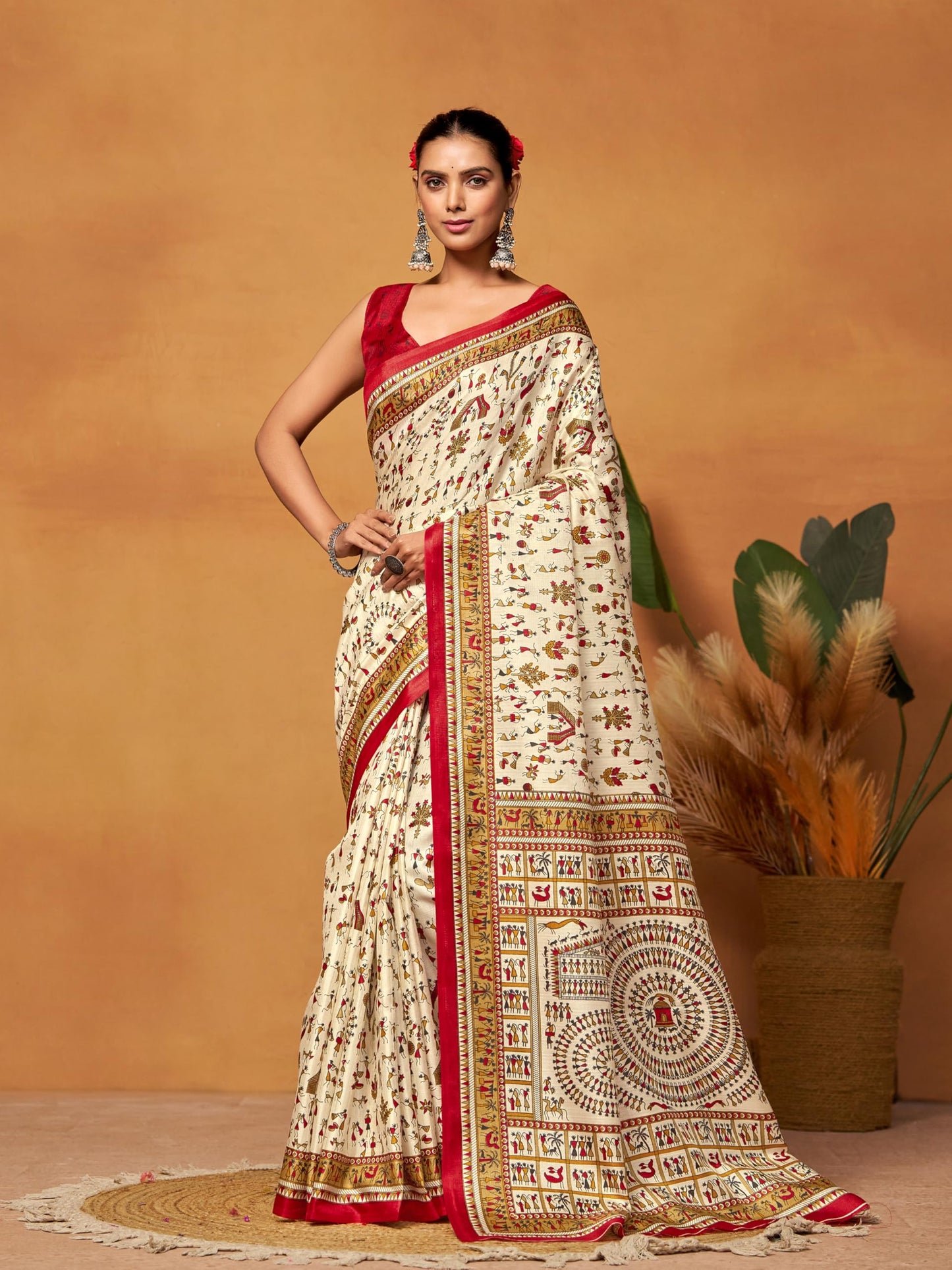 EthnicJunction Women's Art Silk Warli Print Saree With Blouse Piece