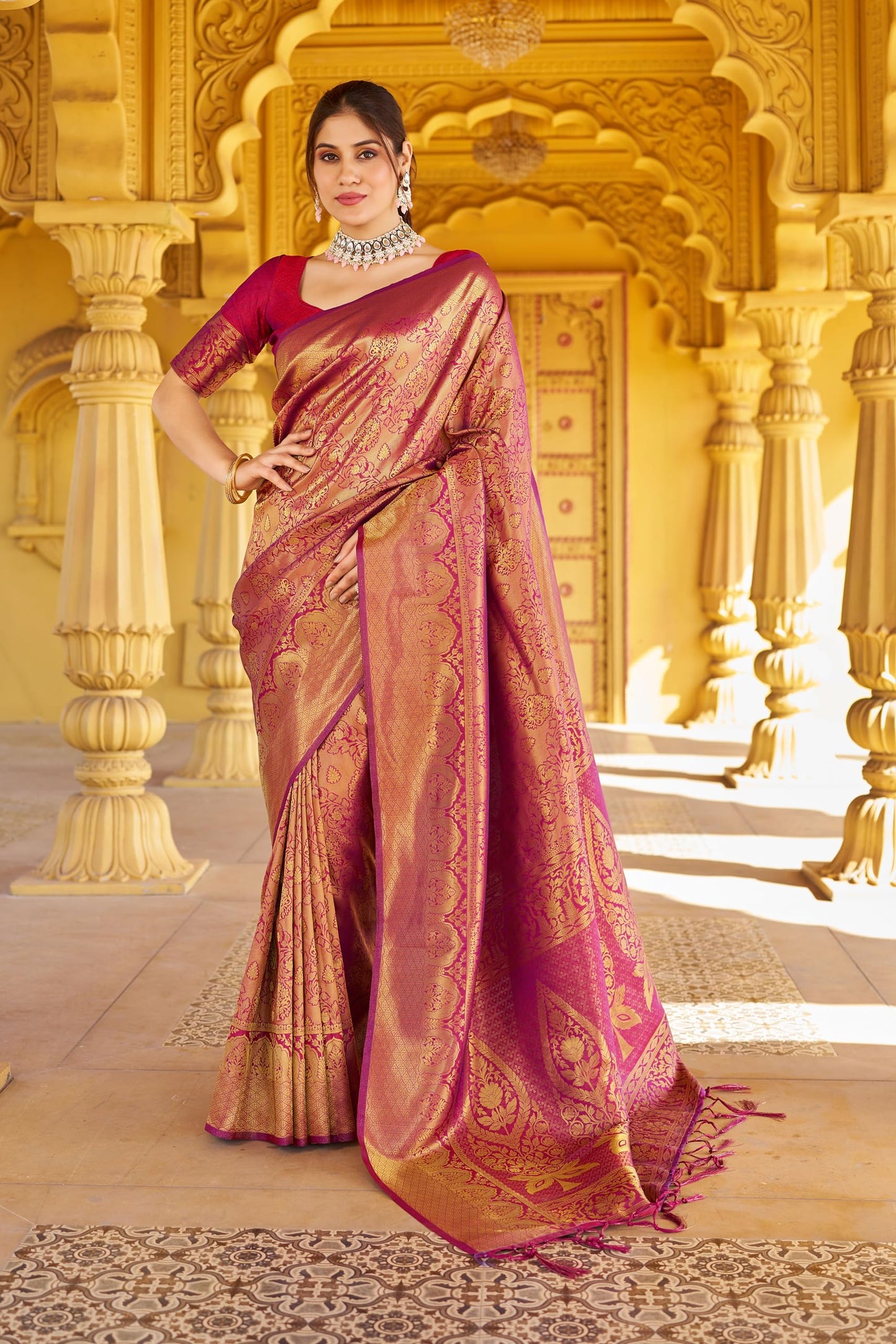 SWORNOF Womens Kanjivaram Silk Saree with Zari Woven Saree With Blouse Piece