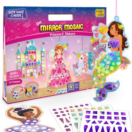 Imagimake Mirror Mosaic : Princess & Unicorn | Mess Free Diy Mosaic Craft Kit | 950+ Foil Sticker | Travel Toys For Girls | Birthday Gift For Girls Ages 3,4,5,6,7,8, Pink