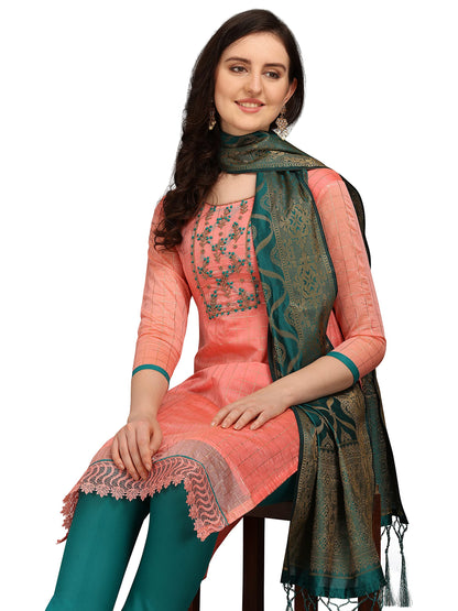 EthnicJunction Women's Chanderi Cotton Hand Embroidered Work Unstitched Salwar Suit Material With Banarasi Dupatta