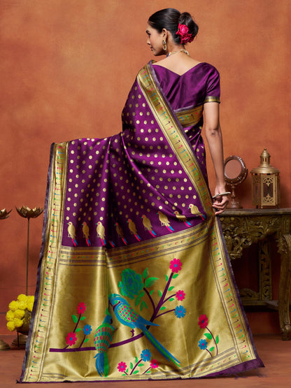 EthnicJunction Women's Silk Blend Woven Paithani saree With Blouse Piece