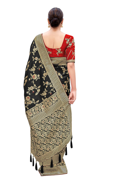 Monjolika Fashion Women's Banarasi Silk Blend Zari Woven Work With Tussles Saree and Embroidered Work Blouse Piece(37769 color)