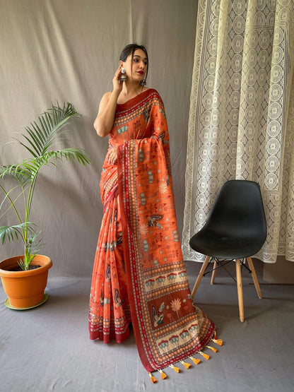 SGF11- Women's Cotton Linen Kalamkari Silk Printed Saree With Blouse Pieces