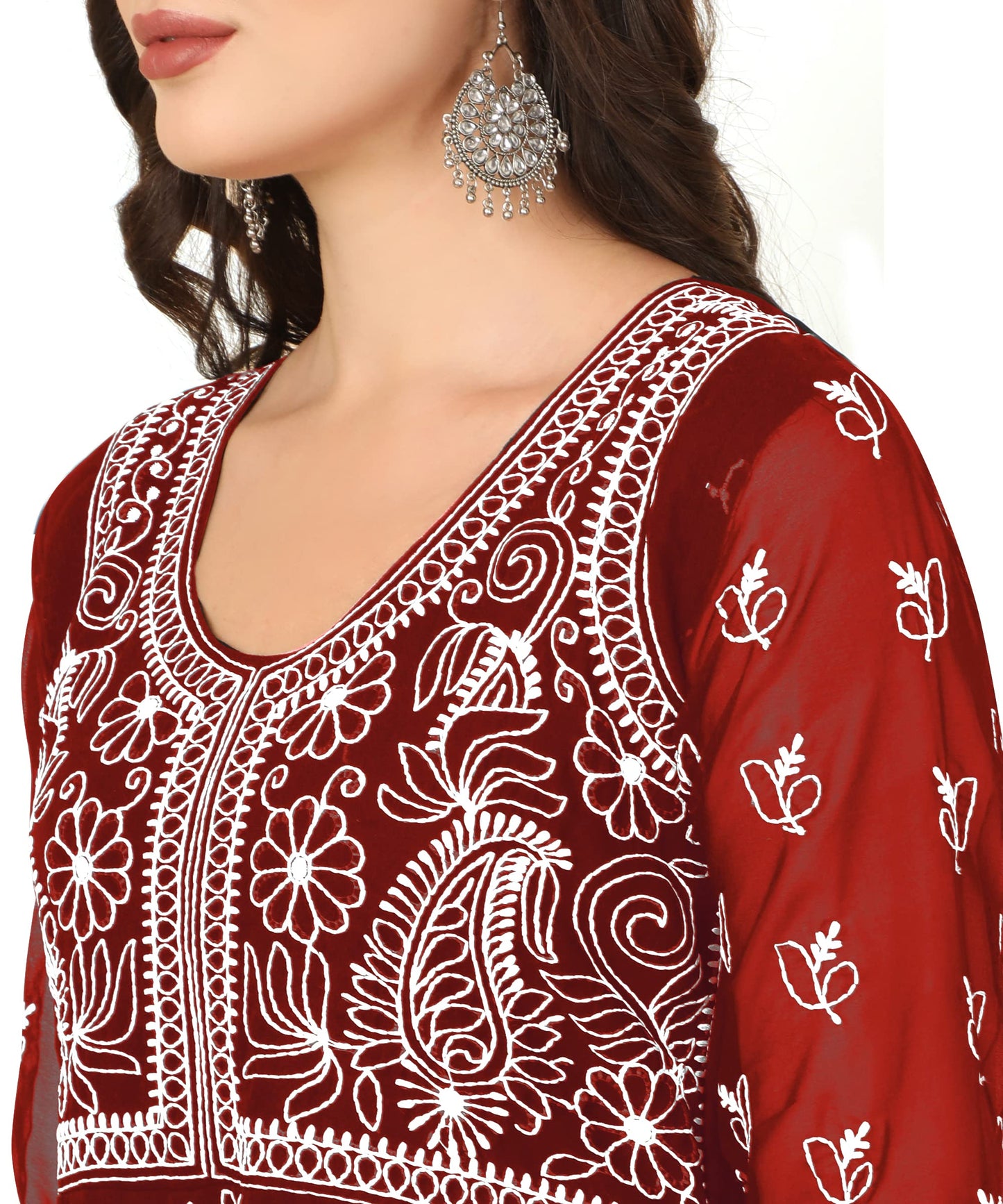 EthnicJunction Women's Lucknowi Chikankari Embroidered Thread Work Georgette Anarkali Kurta