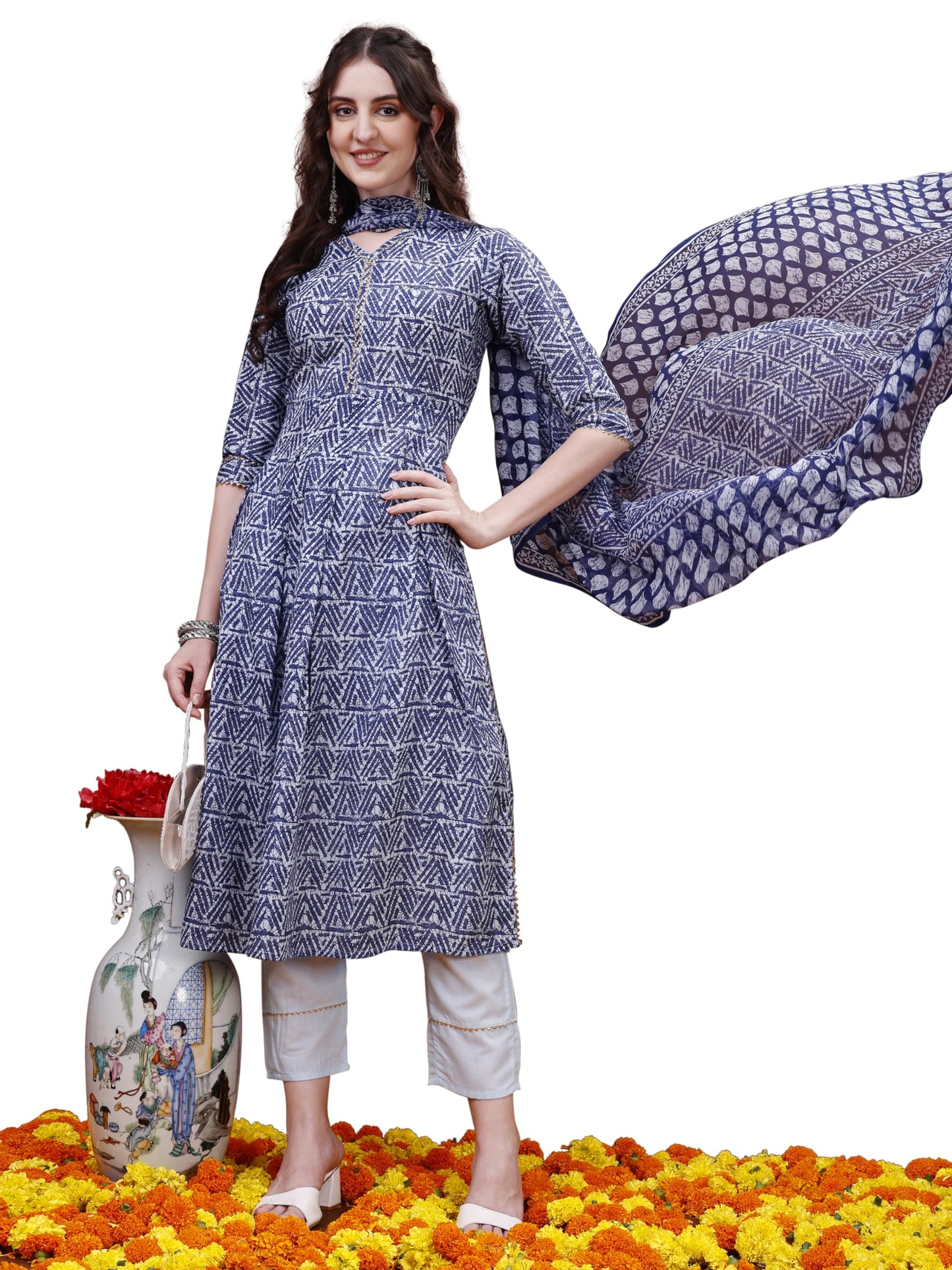 EthnicJunction Women's Geometric Print Cotton Blend A-Line Kurta Pant with Dupatta Set