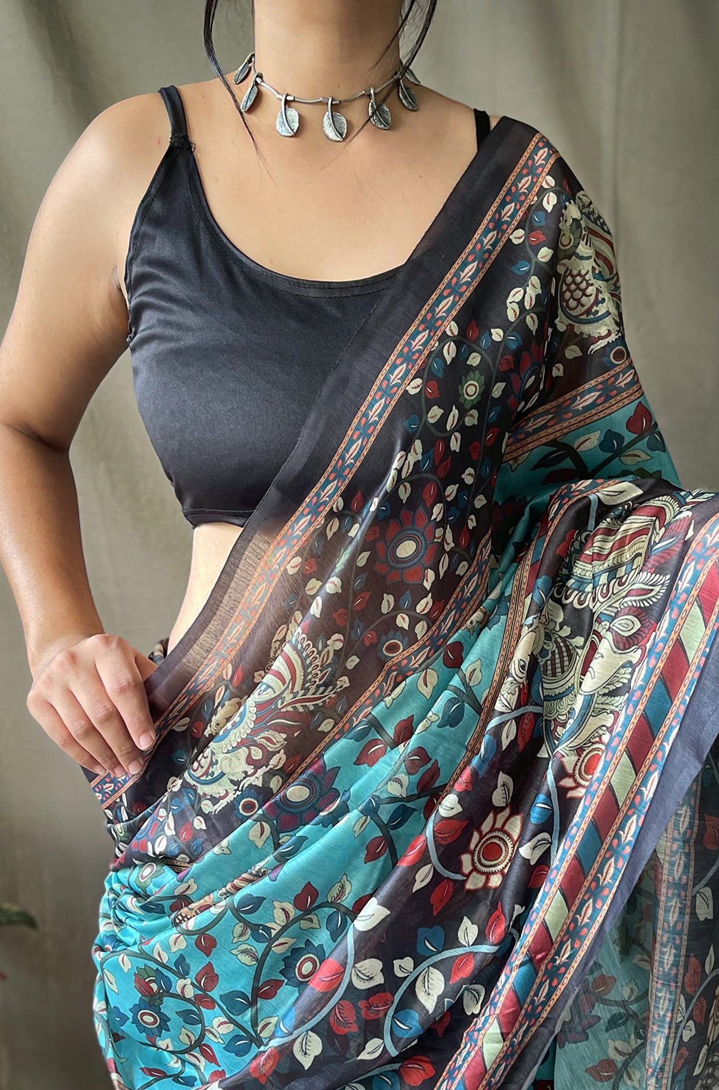 SGF11 Women's Cotton Linen Kalamkari Silk Printed Saree With Blouse Piece