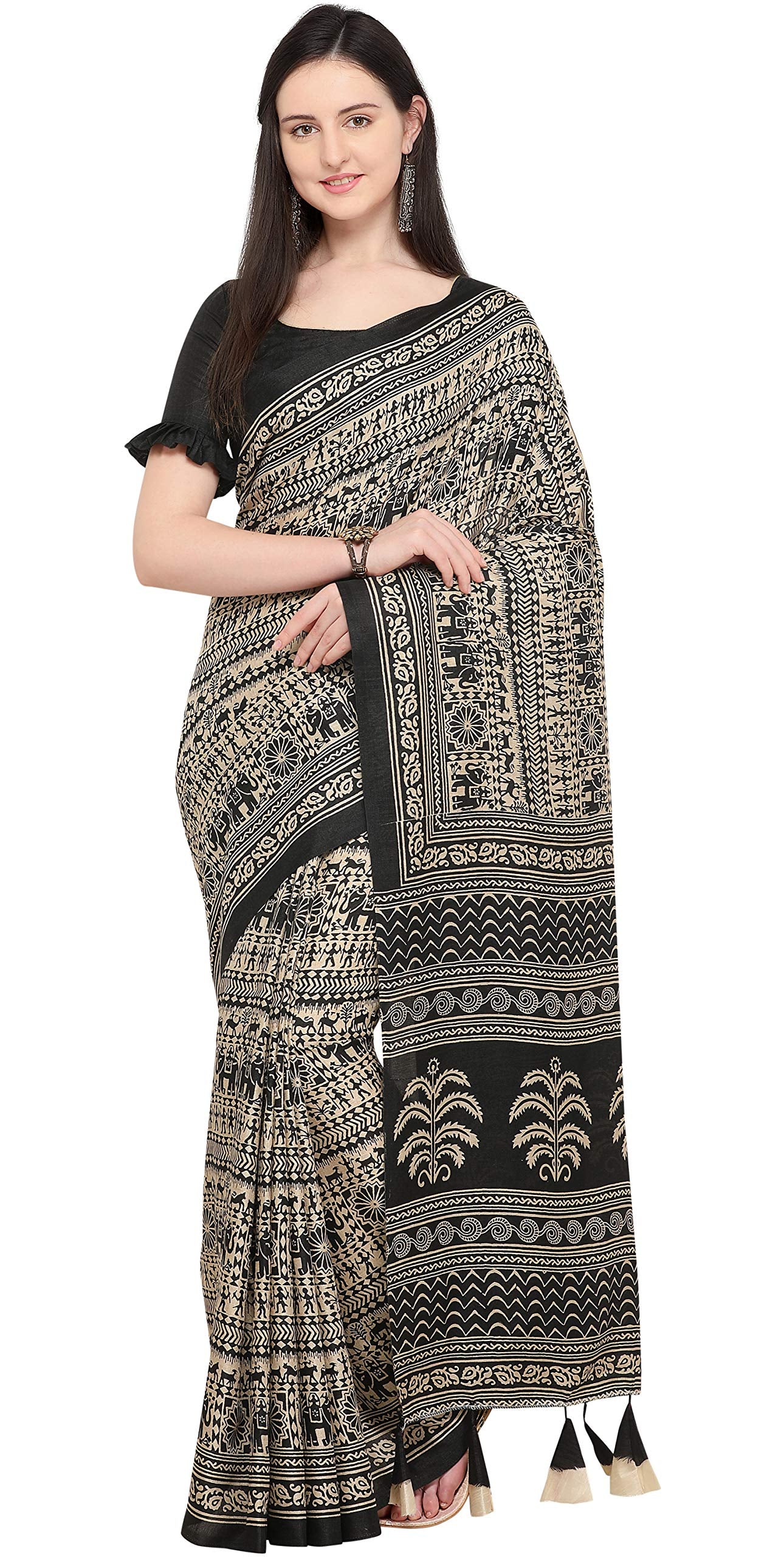 EthnicJunction Women's Silk Cotton Kalamkari Print Saree With Blouse Piece (EJ1201-16001-Black)