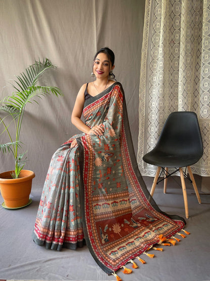 SGF11- Women's Cotton Linen Kalamkari Silk Printed Saree With Blouse Pieces