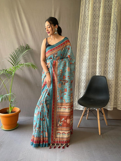 SGF11- Women's Cotton Linen Kalamkari Silk Printed Saree With Blouse Pieces