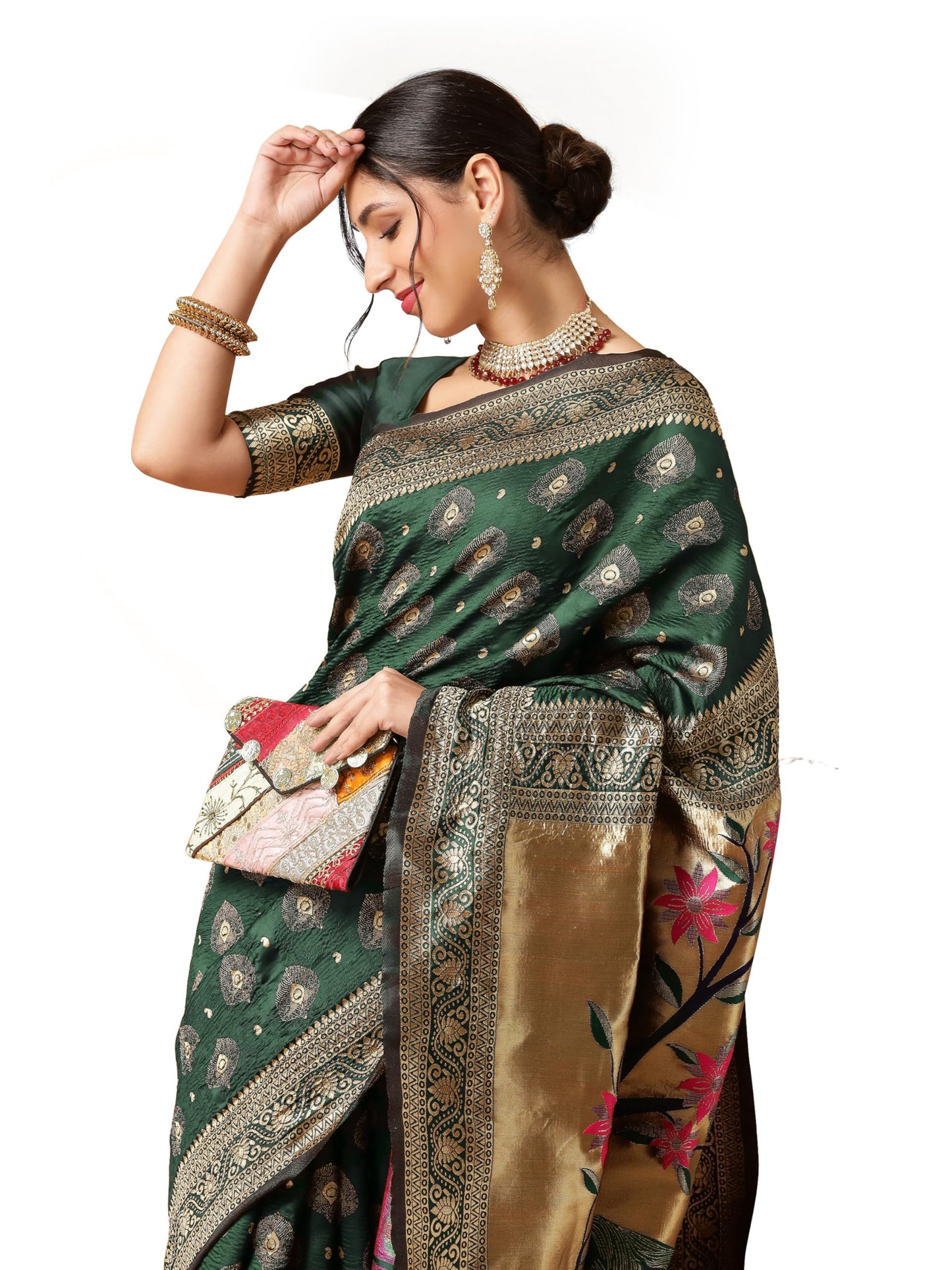 EthnicJunction Women's Paithani Silk Blend Woven Saree With Blouse Piece