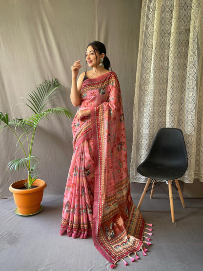 SGF11- Women's Cotton Linen Kalamkari Silk Printed Saree With Blouse Pieces