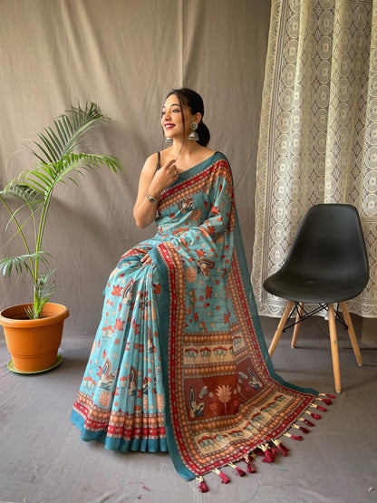 SGF11- Women's Cotton Linen Kalamkari Silk Printed Saree With Blouse Pieces