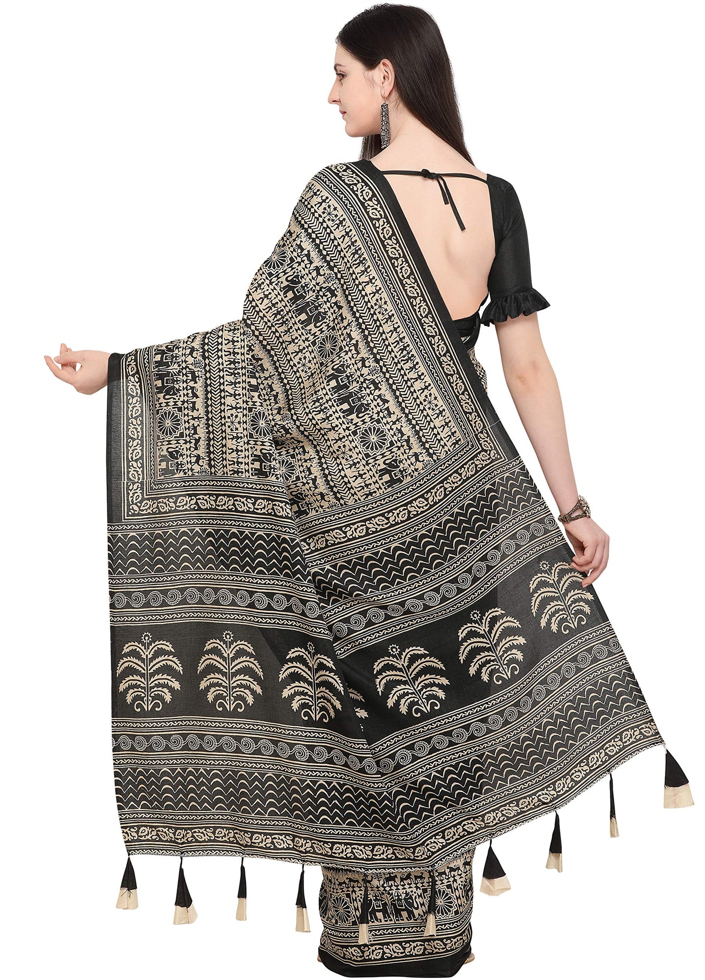 EthnicJunction Women's Silk Cotton Kalamkari Print Saree With Blouse Piece (EJ1201-16001-Black)