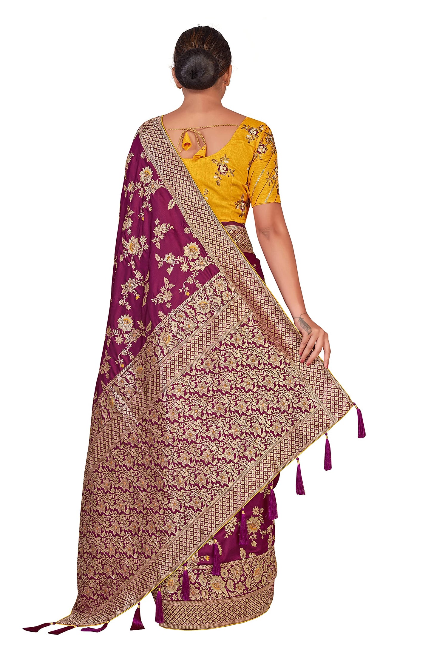 Monjolika Fashion Women's Banarasi Silk Blend Zari Woven Work With Tussles Saree and Embroidered Work Blouse Piece(37769 color)