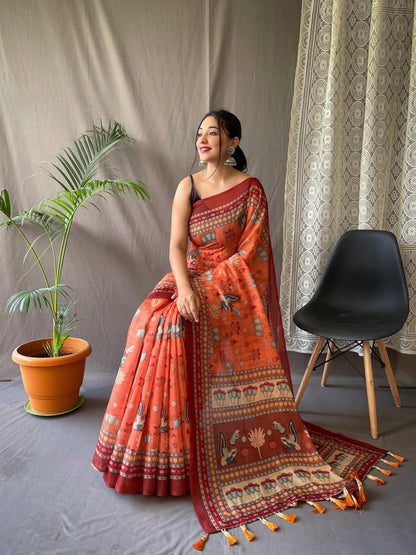 SGF11- Women's Cotton Linen Kalamkari Silk Printed Saree With Blouse Pieces