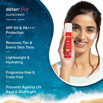 Aqualogica Detan+ Dewy Lightweight Sunscreen with SPF 50+ & PA++++ | For UVA/B & Blue Light Protection | For Normal, Sensitive & Dry Skin | Tan Removal & No White Cast | For Men & Women | 50g