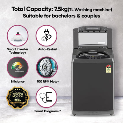 LG 7 Kg 5 Star Smart Inverter Technology Fully Automatic Top Load Washing Machine (2025 Model, T70VBMB1Z, Auto Prewash, Turbodrum, Stainless Steel drum, LED Display, Smart Diagnosis Middle Black)