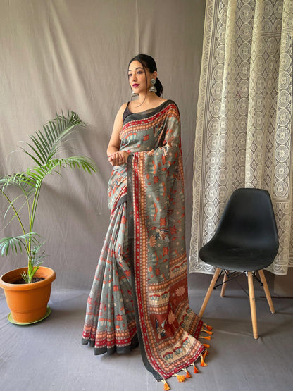 SGF11- Women's Cotton Linen Kalamkari Silk Printed Saree With Blouse Pieces